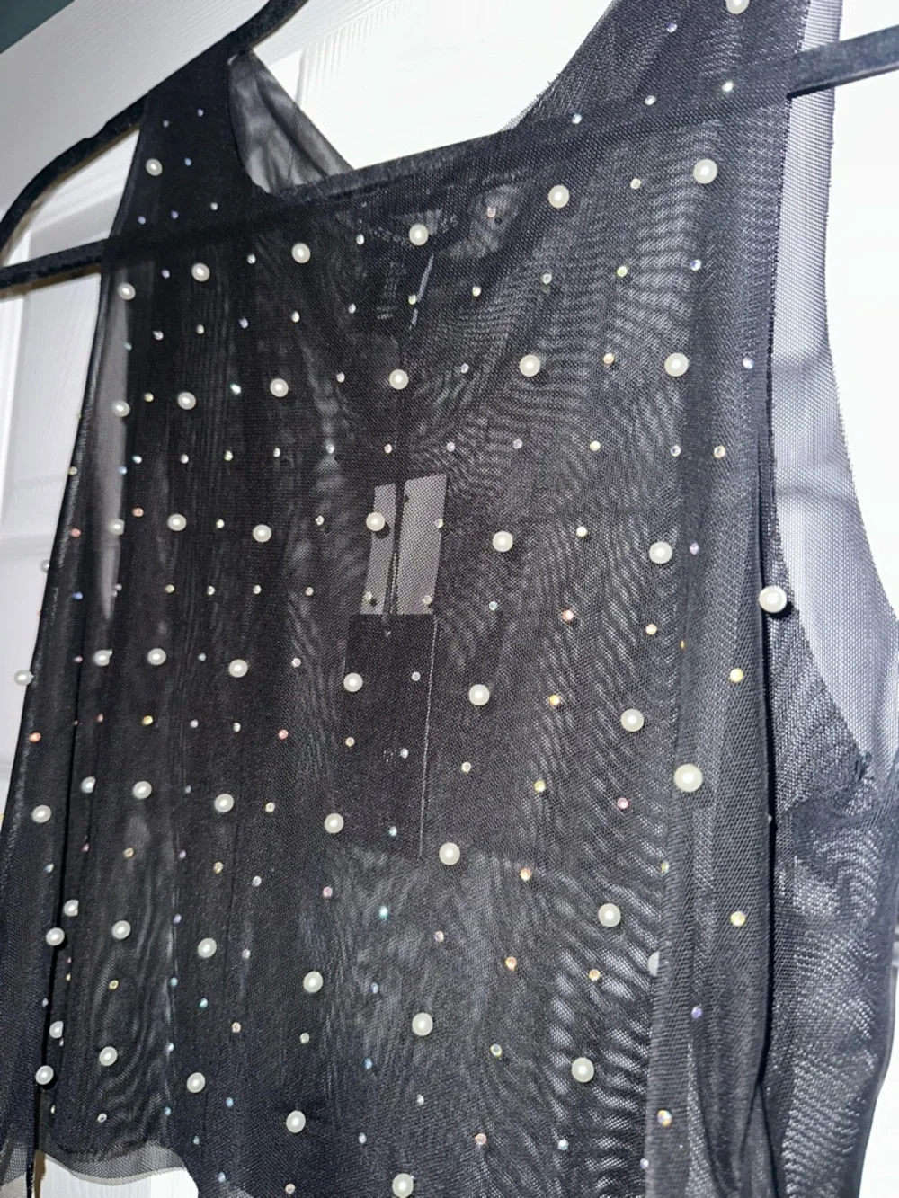 Sincerely Jules Black Pearl-Studded Sheer Mesh Cropped Tank - Picture 2 of 4